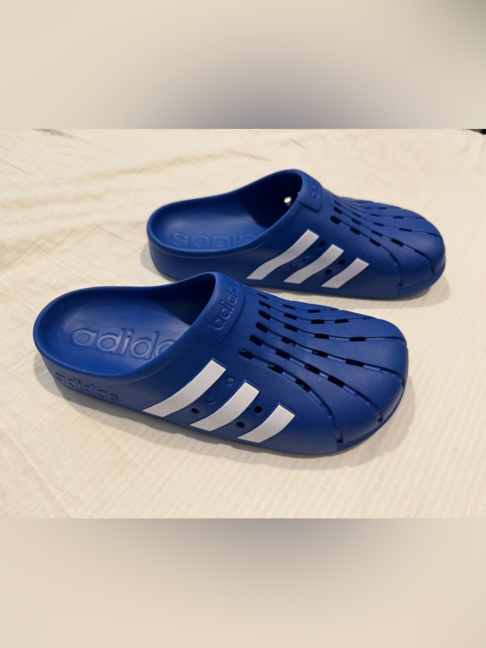 adidas Royal Blue Water Clogs with White Three Stripes - Size 11